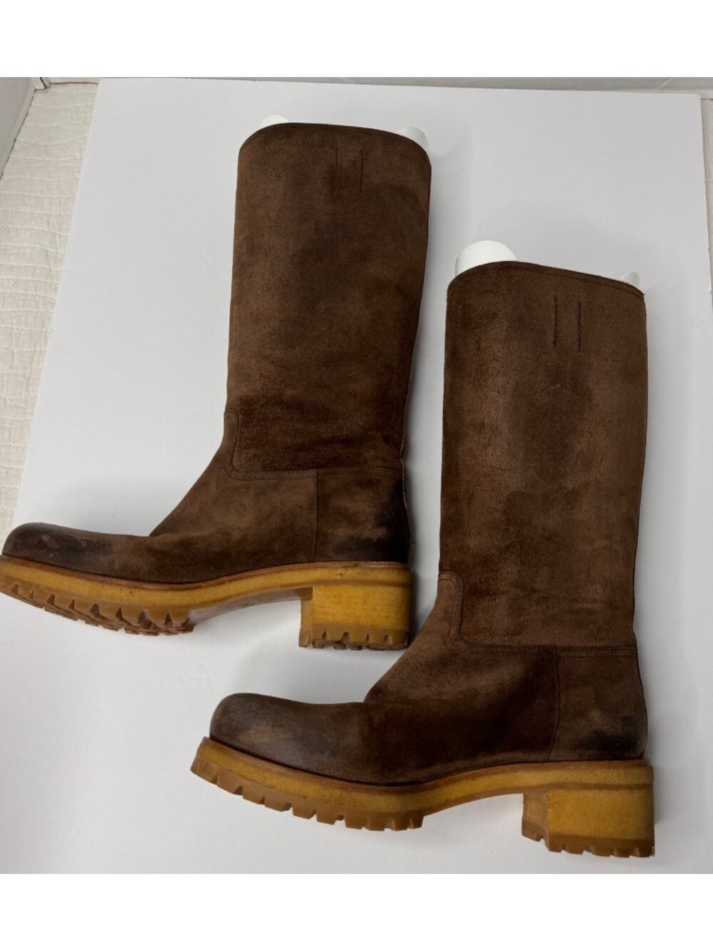Vintage Prada Milano Brown Suede Calf Knee Lug Sole Moto Rugged Boots 38.5 US8.5 - Picture 12 of 16